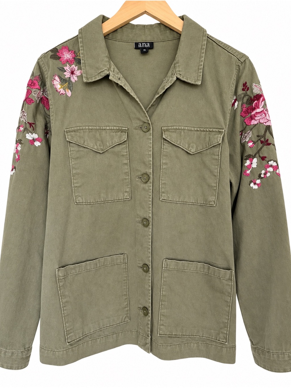 a.n.a Olive Utility Jacket with Pink Floral Embroidery